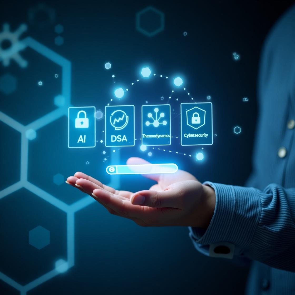 EduInsight tech illustration showing AI, DSA, Thermodynamics, and Cybersecurity icons